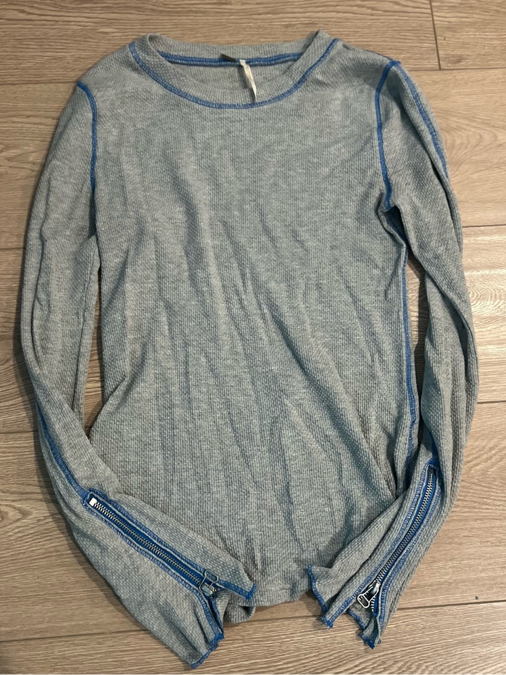 Free People Heather Gray Thermal Top with Blue Contrast Stitching